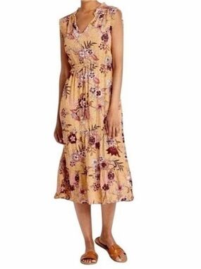 Knox Rose Yellow Floral Tiered Ruffle Trim Sleeveless Midi Dress XL Cottagecore